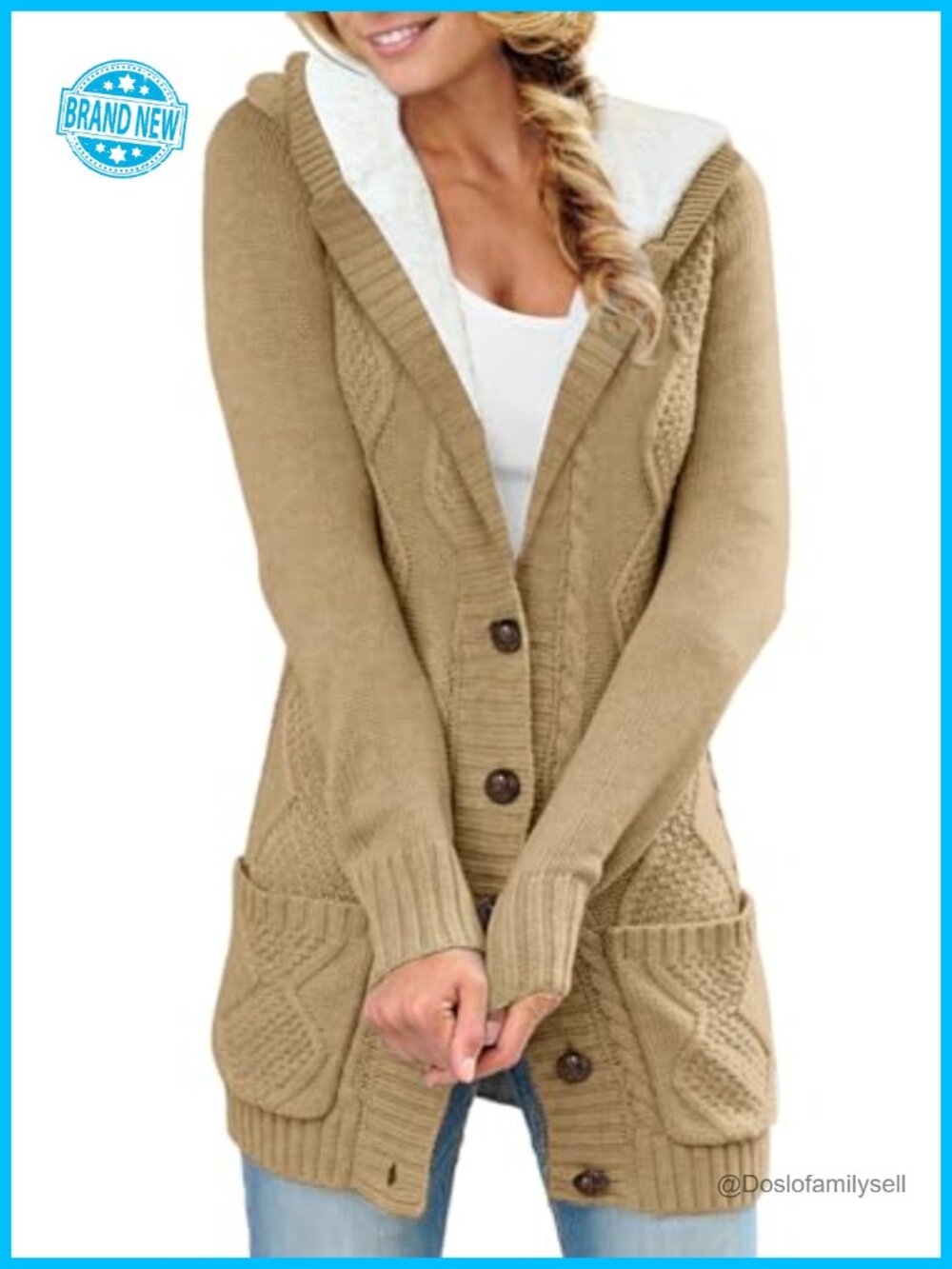 Women's Cable Knit Fleece Lined Hood Cardigan Sweater Button Up Pockets